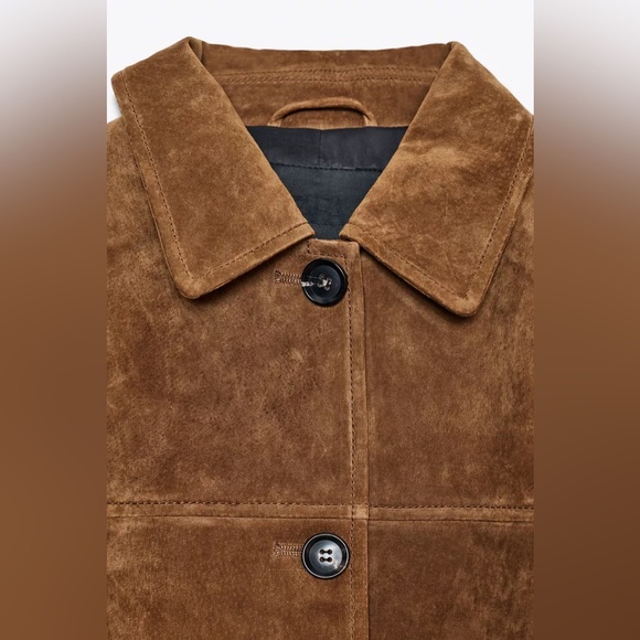 Zara Brown Suede Button-Up Jacket with Collar - Picture 3 of 6